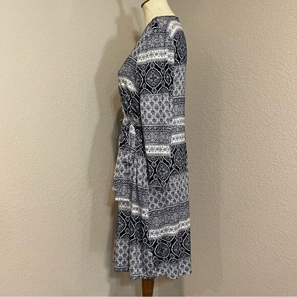 Navy Blue & White Boho Print Wrap Style Long Sleeve Dress Size L Made in USA - Picture 8 of 12